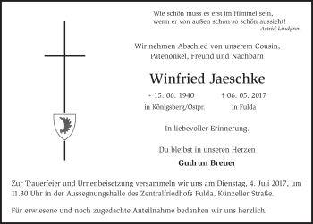 Traueranzeige von Winfried Jaeschke 