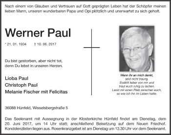 Traueranzeige von Werner Paul 