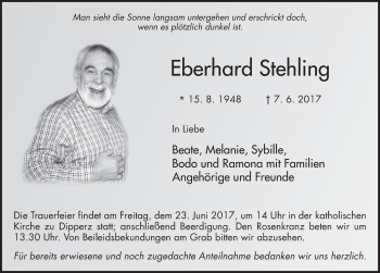 Traueranzeige von Eberhardt Stehling 
