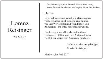 Traueranzeige von Lorenz Reisinger 