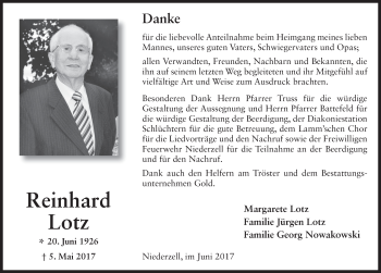 Traueranzeige von Reinhard Lotz 