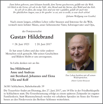 Traueranzeige von Gustav Hildebrand 