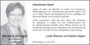 Traueranzeige von Barbara Gienger 