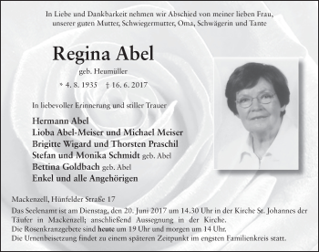 Traueranzeige von Regina Abel 