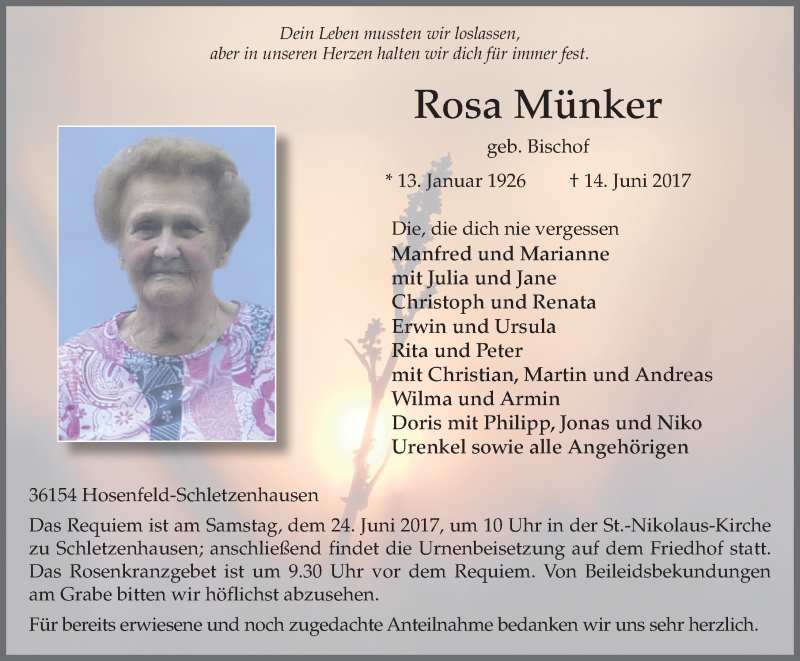  Traueranzeige für Rosa Münker vom 21.06.2017 aus 