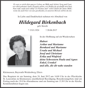 Traueranzeige von Hildegard Birkenbach 