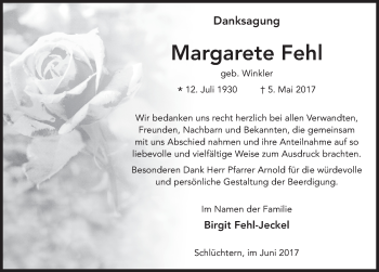 Traueranzeige von Margarete Fehl 