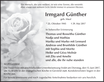 Traueranzeige von Irmgard Günther 