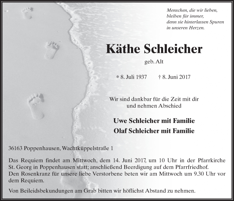 Traueranzeige für Käthe Schleicher vom 12.06.2017 aus 