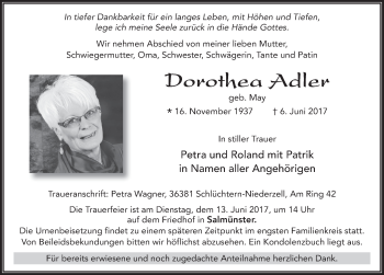 Traueranzeige von Dorothea Adler 