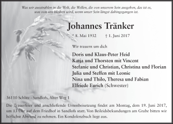 Traueranzeige von Johannes Tränker 