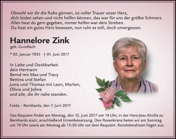 Traueranzeige von Hannelore Zink 