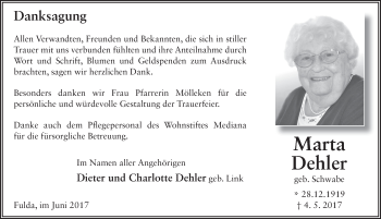 Traueranzeige von Marta Dehler 