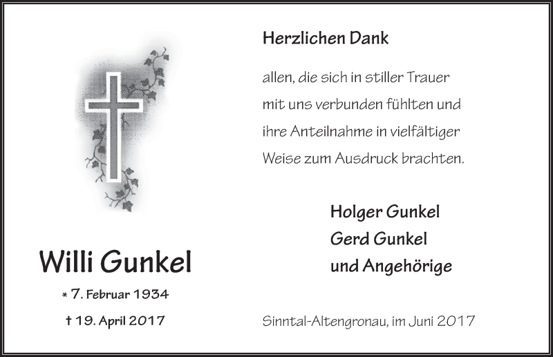  Traueranzeige für Willi Gunkel vom 23.06.2017 aus 