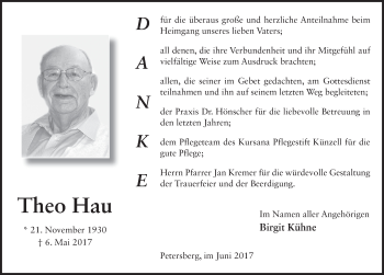 Traueranzeige von Theo Hau 