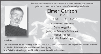 Traueranzeige von Elmer Carlson 