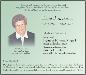 Traueranzeige von Erna Bug 