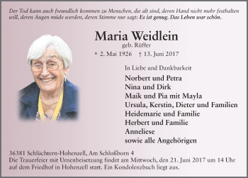 Traueranzeige von Maria Weidlein 