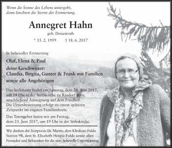 Traueranzeige von Annegret Hahn 