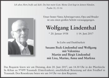 Traueranzeige von Wolfgang Lindenthal 