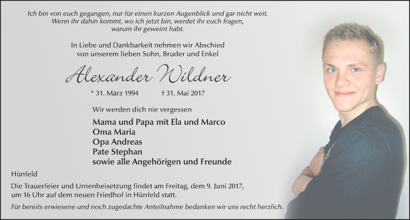  Traueranzeige für Alexander Wildner vom 07.06.2017 aus 