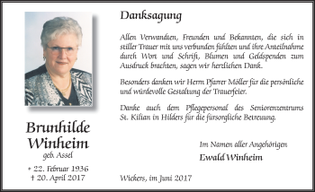 Traueranzeige von Brunhilde Winheim 