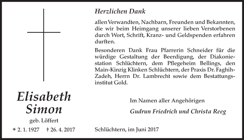  Traueranzeige für Elisabeth Simon vom 10.06.2017 aus 