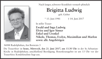 Traueranzeige von Brigitta Ludwig 