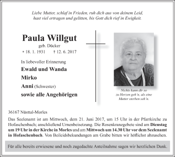 Traueranzeige von Paula Willgut 