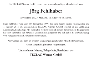 Traueranzeige von Jörg Fehlhaber 