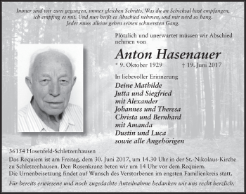 Traueranzeige von Anton Hasenauer 