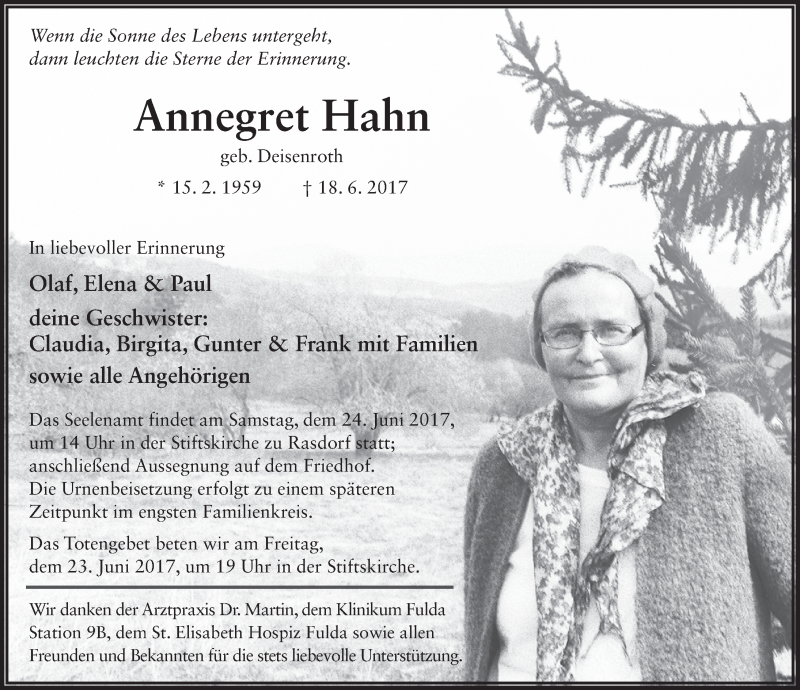  Traueranzeige für Annegret Hahn vom 22.06.2017 aus 