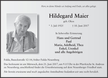 Traueranzeige von Hildegard Maier 