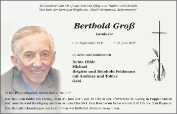 Traueranzeige von Bernhard Groß 