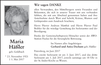 Traueranzeige von Maria Häßler 