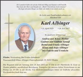 Traueranzeige von Karl Albinger 