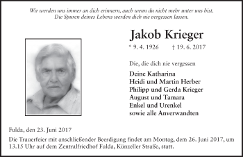 Traueranzeige von Jakob Krieger 