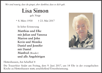 Traueranzeige von Lisa Simon 