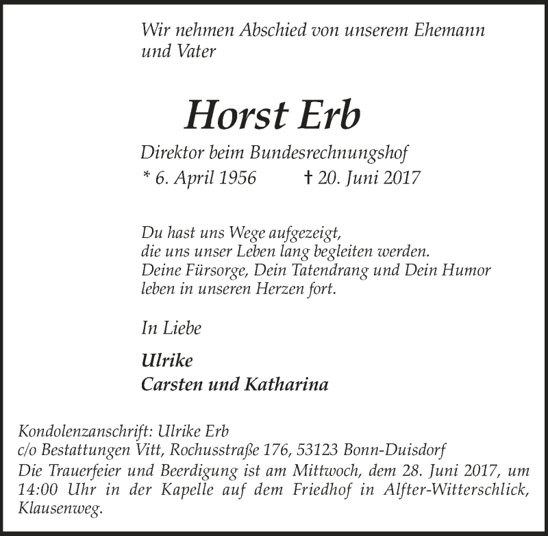  Traueranzeige für Horst Erb vom 24.06.2017 aus 