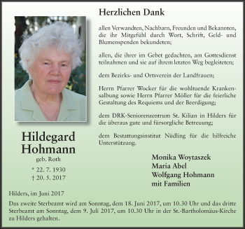 Traueranzeige von Hildegard Hohmann 