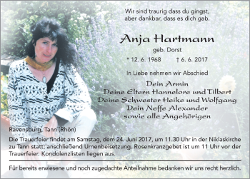 Traueranzeige von Anja Hartmann 