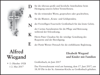 Traueranzeige von Alfred Wiegand 