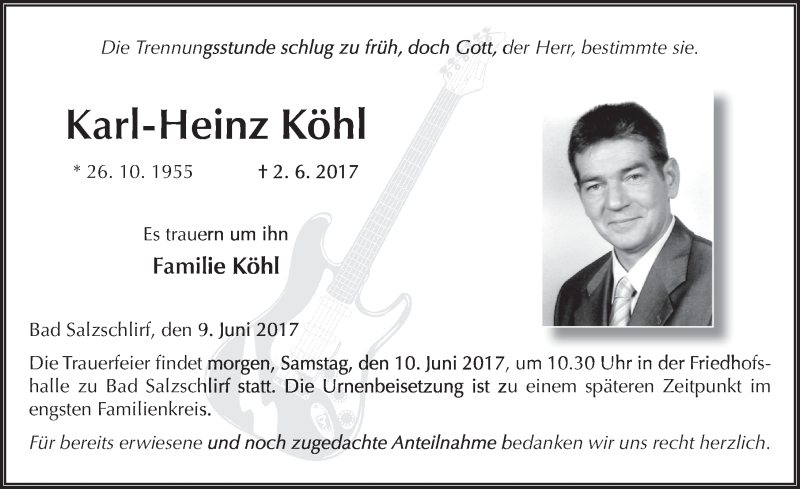  Traueranzeige für Karl-Heinz Köhl vom 09.06.2017 aus 