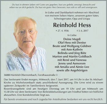 Traueranzeige von Reinhold Hess 