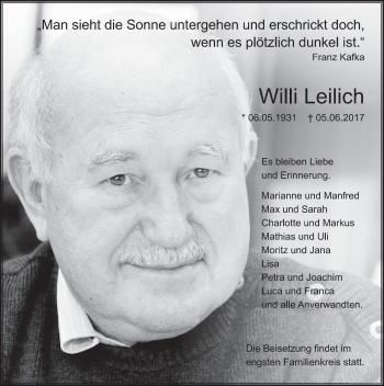 Traueranzeige von Willi Leilich 