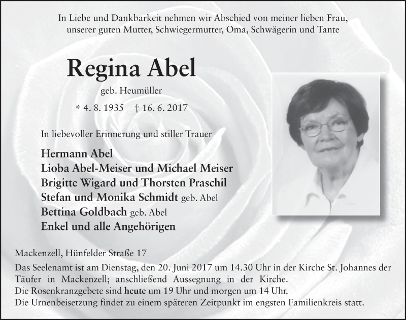  Traueranzeige für Regina Abel vom 20.06.2017 aus 