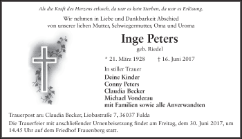Traueranzeige von Inge Peters 