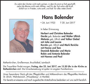 Traueranzeige von Hans Bolender 