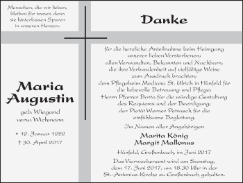 Traueranzeige von Maria Augustin 