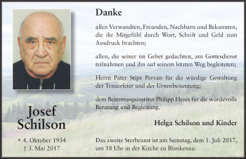 Traueranzeige von Josef Schilson 